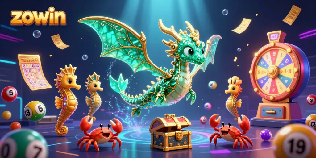 Zowin's vibrant sea dragon and treasure scene showcases interactive gaming excitement with colorful lottery elements.