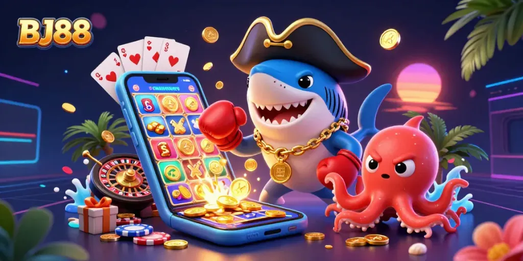BJ88 unleashes fun in a vibrant 3D casino scene featuring cartoon characters with colorful slot action.