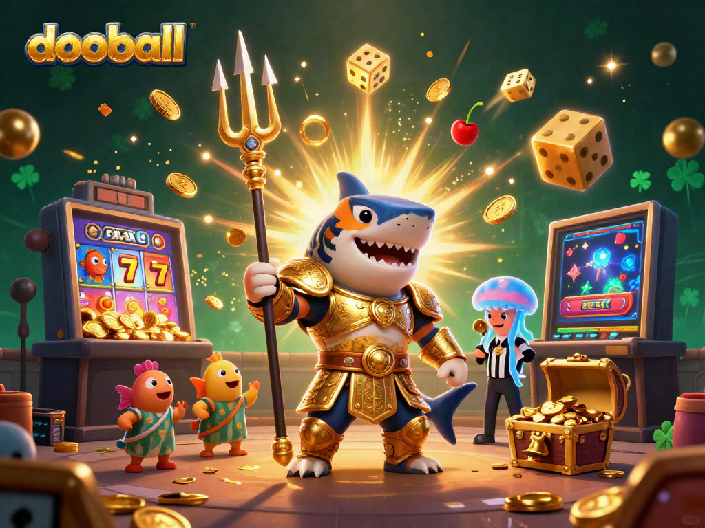 Experience dooball action with a 3D tiger shark and casino-themed elements in a vibrant underwater scene.