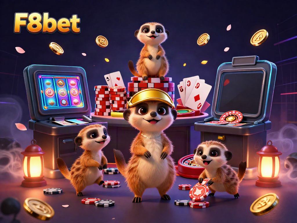 Experience the excitement of F8bet with meerkats running a lively casino operation amidst vibrant gaming elements.