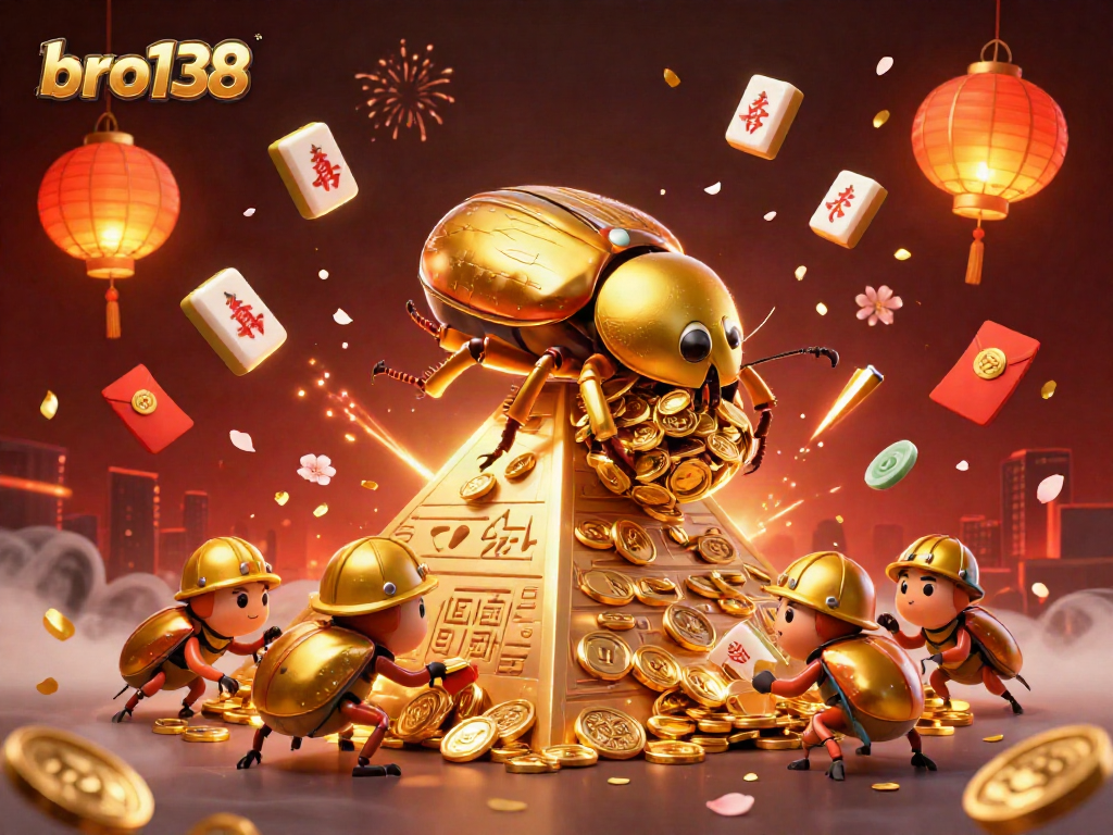 Bro138 showcases a golden dung beetle rolling coins in a vibrant, festive casino scene.