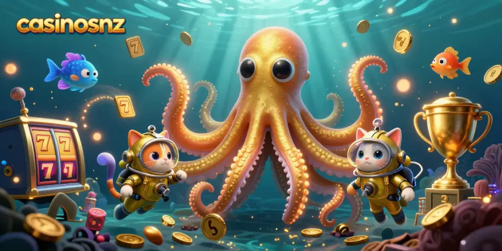 Experience thrilling jackpots at casinosnz with a whimsical kraken and diving cat.