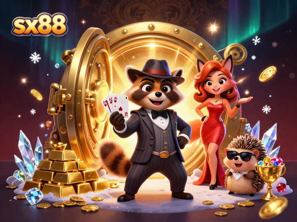 Simplifying sx88 gameplay strategies with a raccoon's royal flush and festive atmosphere.