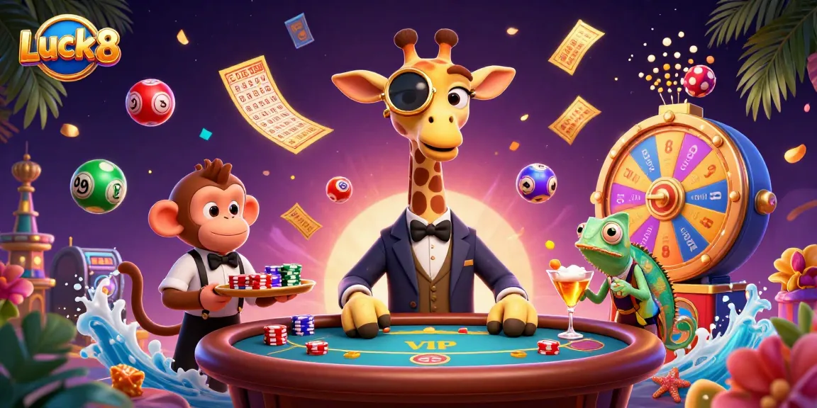 Luck8 brings excitement to gaming with a vibrant 3D illustration of a giraffe at a poker table.