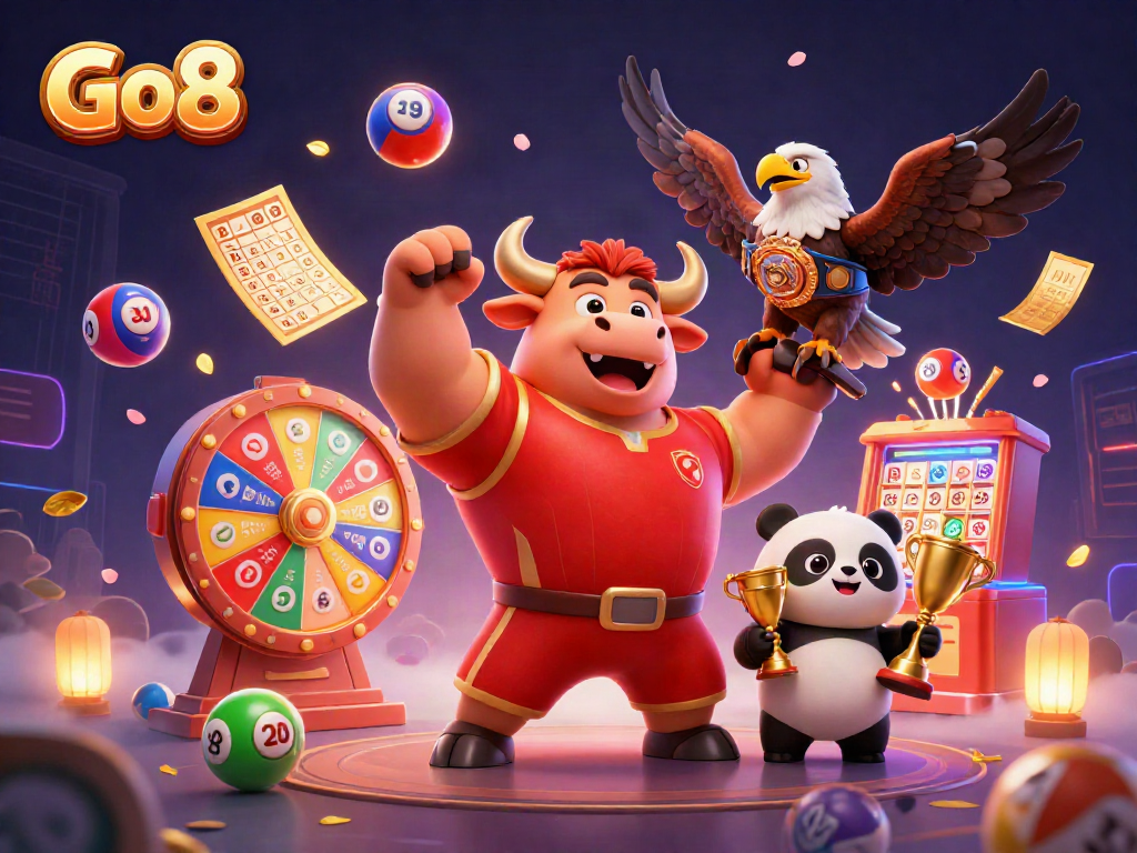 Winning excitement at Go8 casino with a bull mascot, eagle, and panda, surrounded by lottery elements.
