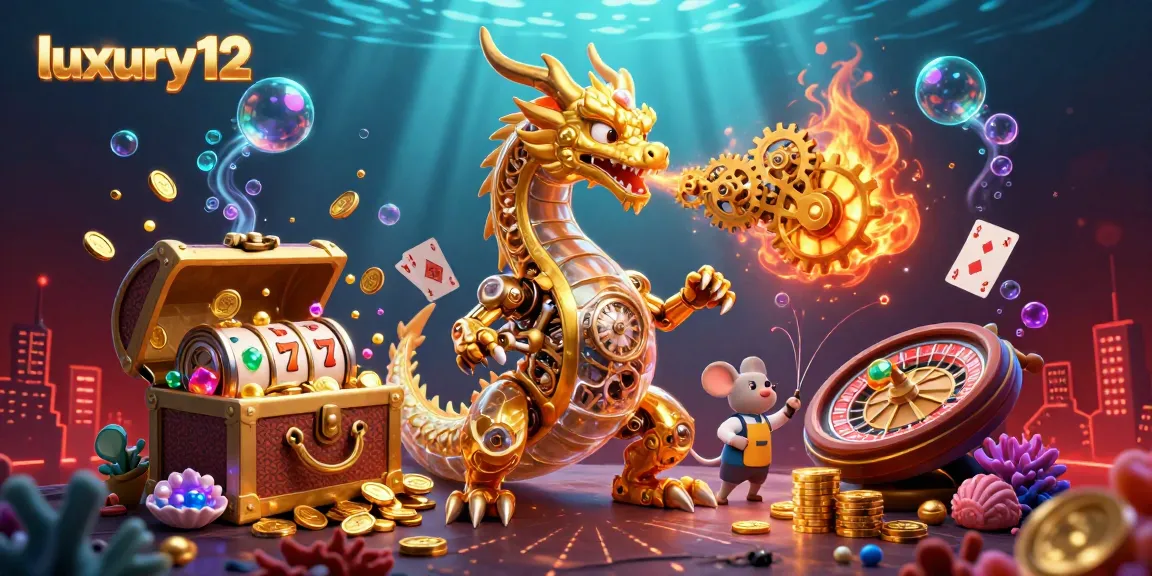 Permainan judi yang menarik di luxury12 dengan naga emas mekanis dan berbagai elemen kasino.