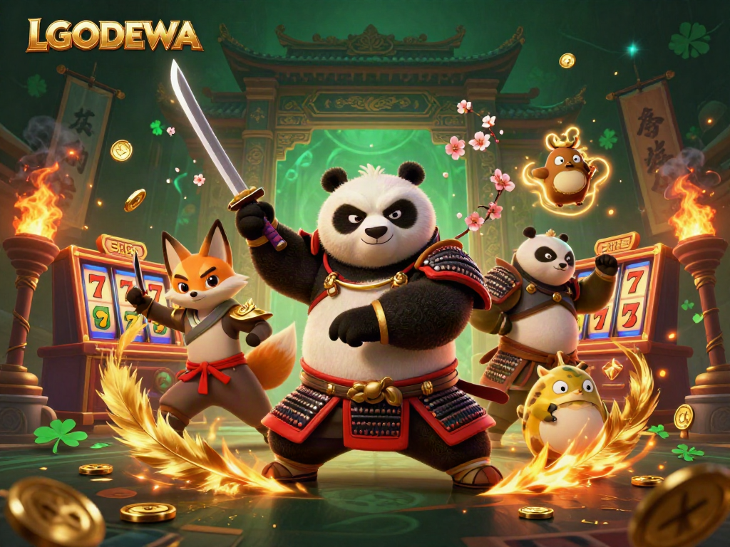 Experience the excitement of LGODEWA with a dynamic 3D casino scene featuring a samurai panda and a ninja fox.