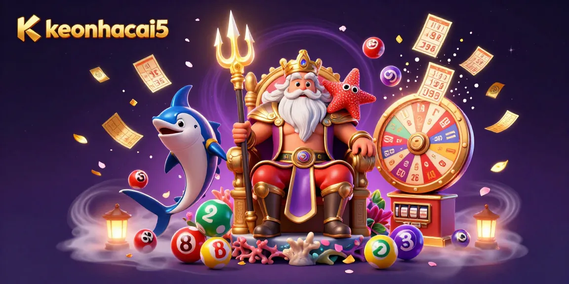 Join keonhacai5 in vibrant casino chaos with colorful lottery balls and floral elements.