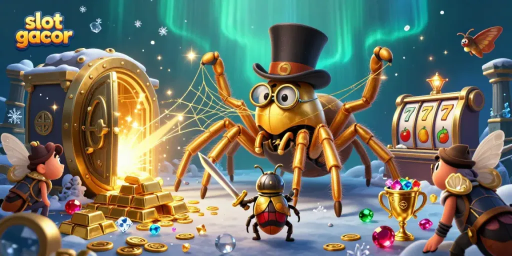 Engage in thrilling actions with slot gacor amidst a vibrant 3D casino illustration featuring gems and gold.