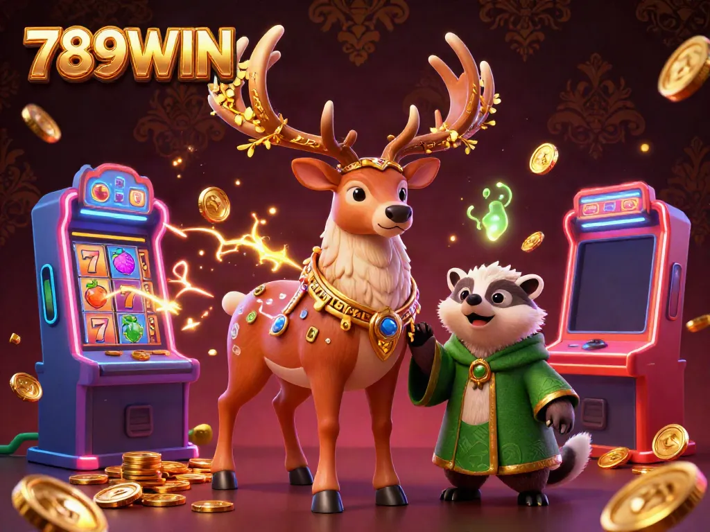 Engage with 789WIN through a vibrant 3D casino scene showcasing a magical stag and badger amidst slot reels and coins.