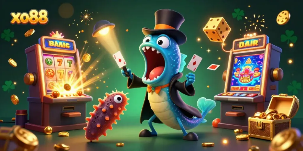 Engage in thrilling gambling experiences with xo88, featuring a lively casino scene full of vibrant characters and rich gaming elements.
