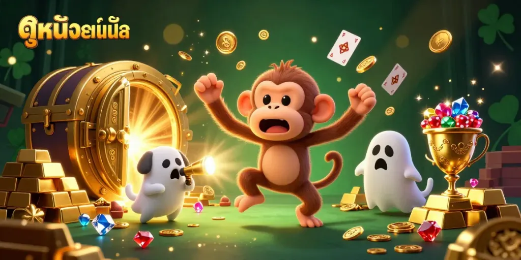 Engage with ดูหนังออนไลน์ in a dynamic casino scene featuring a playful poltergeist monkey and curious ghost-hunter puppy.