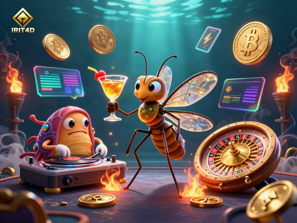 Engage with IRIT4D's vibrant casino scene showcasing a frozen mosquito mascot, trilobite DJ, and golden roulette wheel amidst crypto coins.
