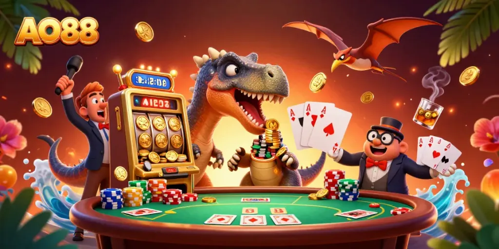 Experience the thrilling AO88 casino atmosphere as vibrant characters interact with a jackpot slot machine.