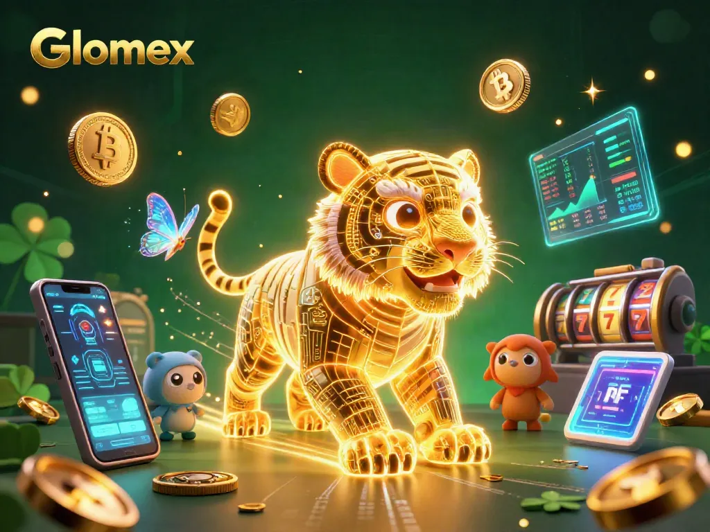 Engage in thrilling online gaming with Glomex's vibrant digital casino featuring neon characters and crypto elements.