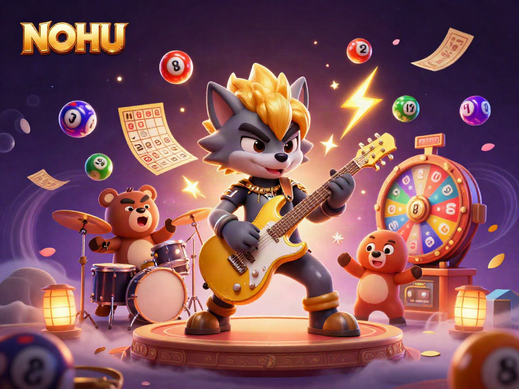 Engage with NOHU in a thrilling casino-themed illustration showcasing energetic characters and vibrant game elements.