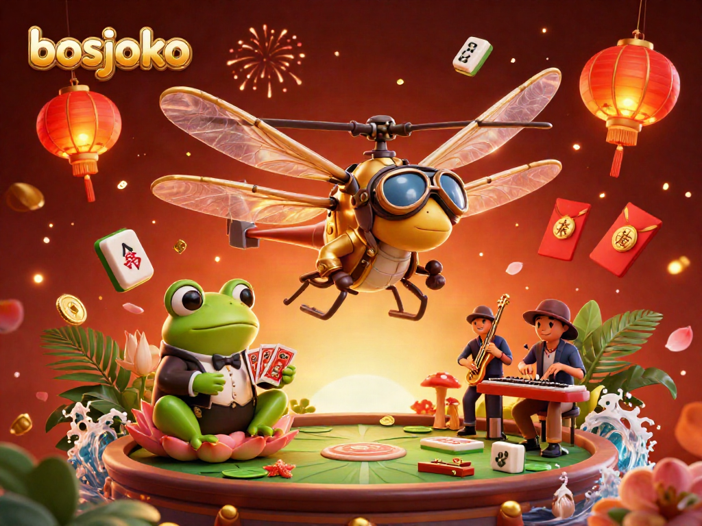 Engage with bosjoko at our vibrant lily pad casino, featuring a dragonfly pilot and frog croupier.