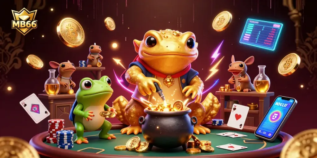 Engage with MB66 in a lively casino scene featuring poker elements and a magical alchemy theme.