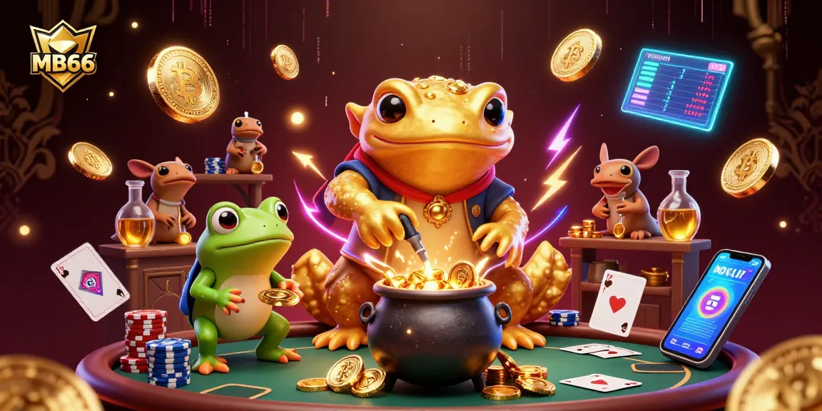 Engage with MB66 in a lively casino scene featuring poker elements and a magical alchemy theme.