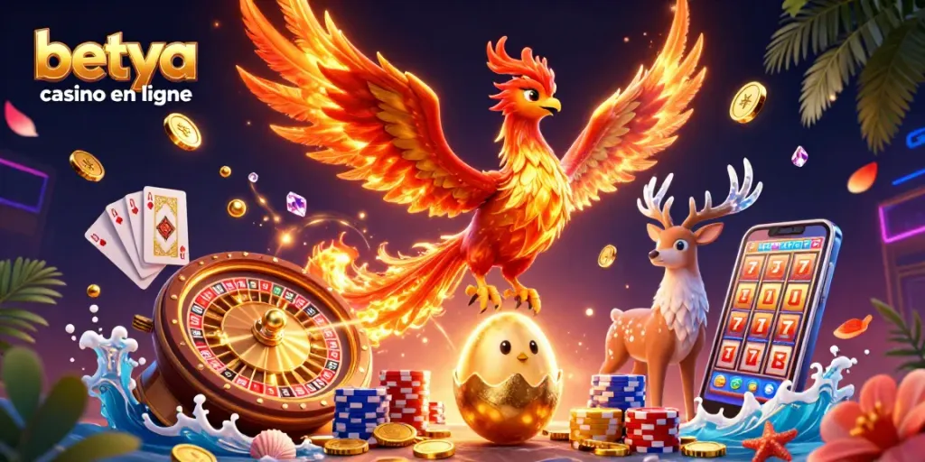 Betya casino en ligne showcases a vibrant phoenix and stag amidst casino elements, enhancing the gaming experience.