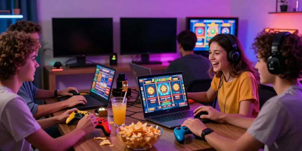 Excited gamers enjoying Wira55 online slot games in a vibrant home setting with colorful decor.