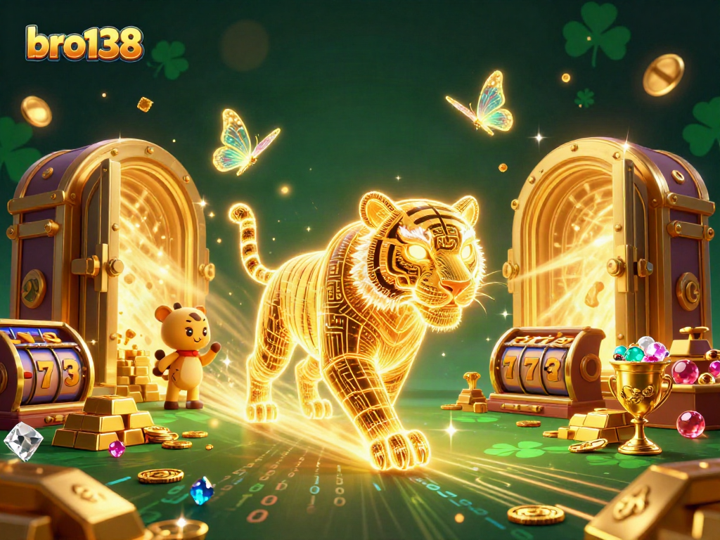 Try your luck at bro138 with a vibrant 3D casino illustration featuring slot visuals and treasures.