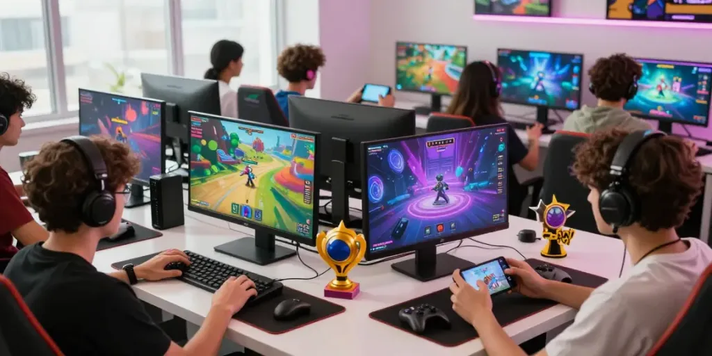 Pengguna DIANA4D bermain game online di berbagai perangkat dengan tampilan modern.
