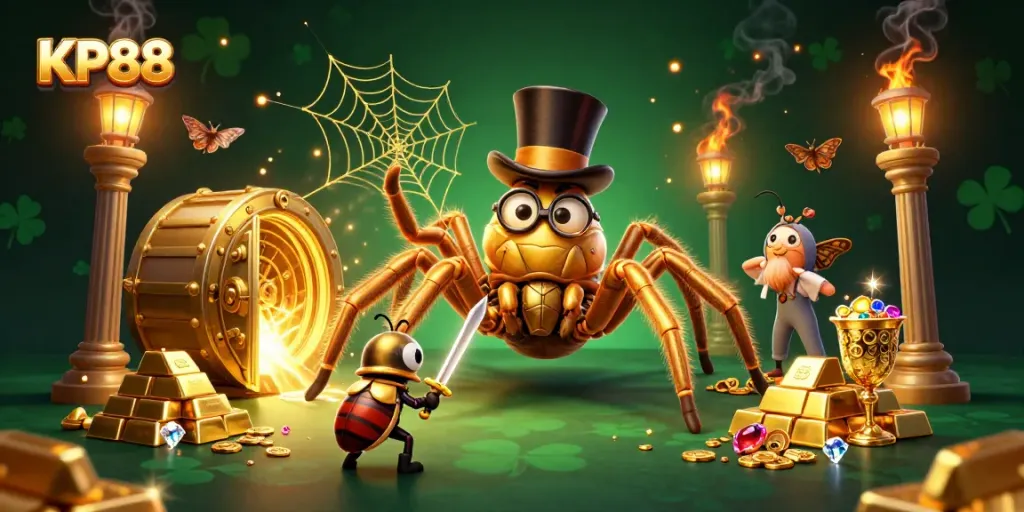 Experience KP88's vibrant casino adventure with golden treasures and playful characters.