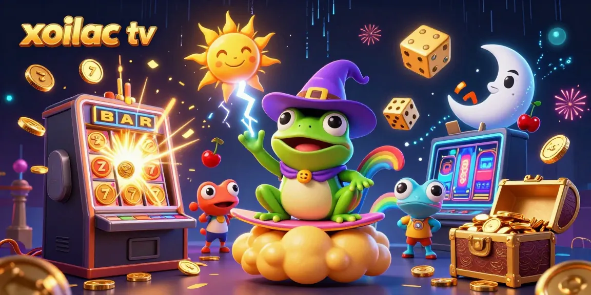 Xoilac TV's vibrant 3D illustration showcasing a wizard frog and chameleon amidst golden coins and jackpots.