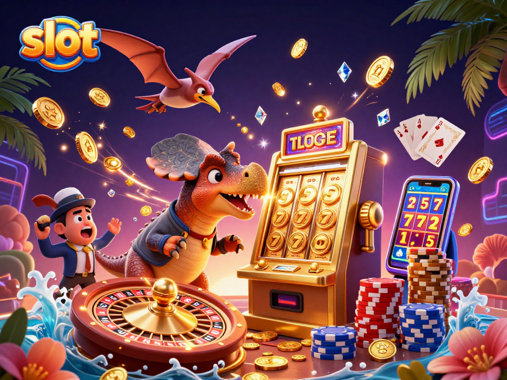 Permainan slot menampilkan jackpot koin berhamburan saat kepala pachycephalosaurus menyerang mesin slot emas.