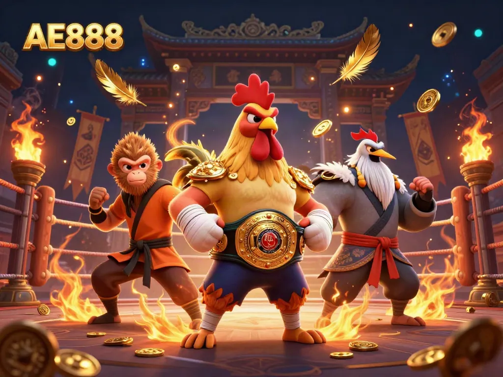 Experience the excitement of AE888 with a fierce rooster, Shaolin monkey, and crane master in a dynamic casino scene.