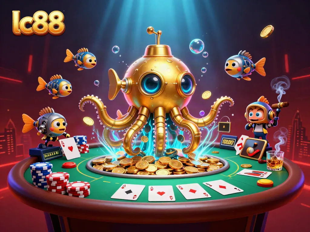 Win big with lc88 at a vibrant casino scene featuring a golden kraken submarine among poker elements.