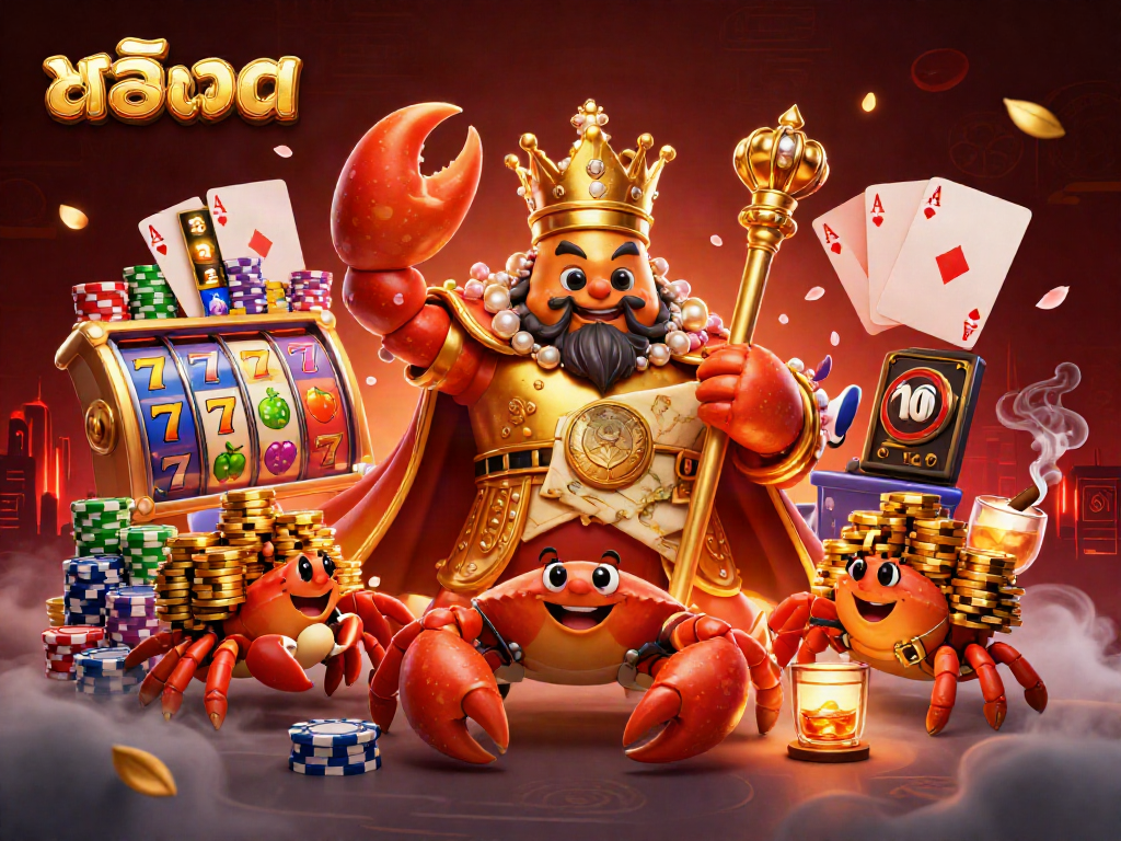 Experience exciting สล็อต gameplay with a majestic golden crab emperor, jackpot reels, and vibrant casino ambiance.