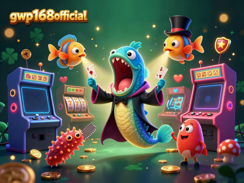 GWP168official menampilkan gulper eel ajaib bersama jackpot slot simbol dan suasana permainan menyenangkan.