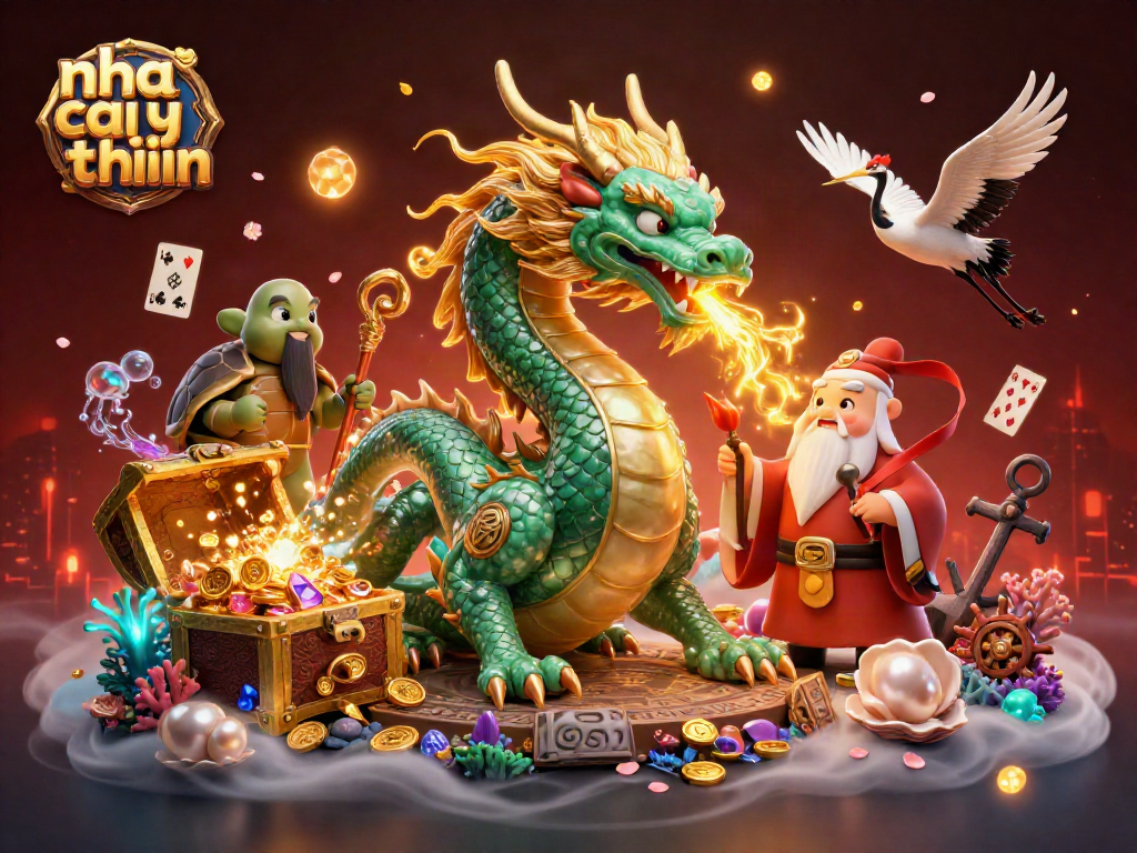 Engage with the magical essence of nha cai uy tin, featuring dragons and turtles in a vibrant 3D scene.