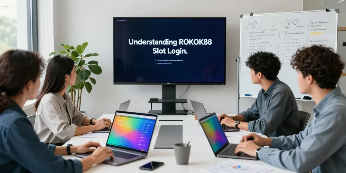 Team discussing ROKOK88 slot login SEO strategies in a bright conference room