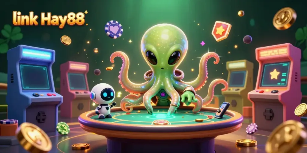 Experience the thrill of link Hay88 with an alien octopus gambling in a vibrant virtual casino setting.