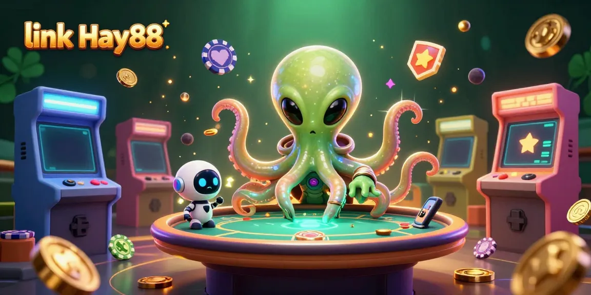 Experience the thrill of link Hay88 with an alien octopus gambling in a vibrant virtual casino setting.