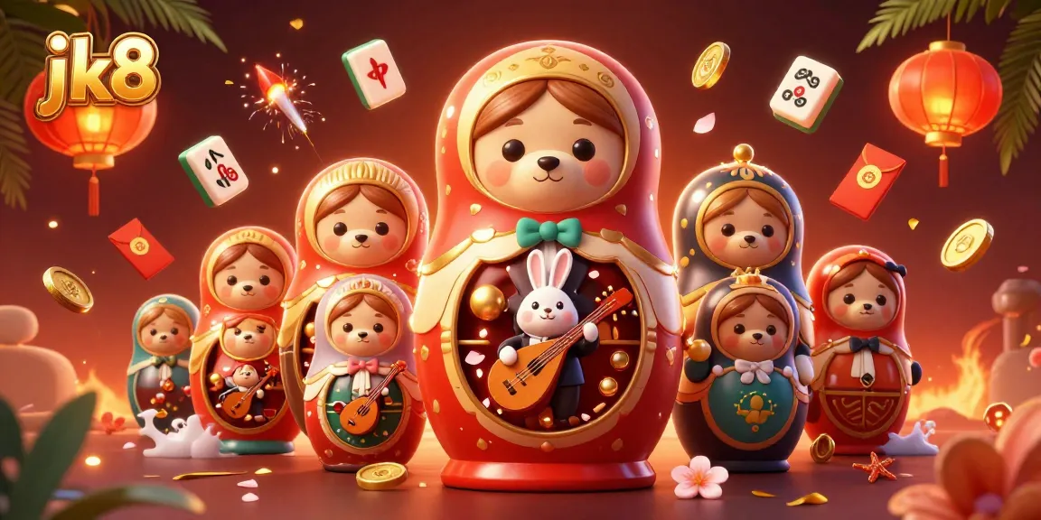 Engage with jk8 gaming excitement as Matryoshka bears playfully demonstrate casino skills amidst colorful elements.