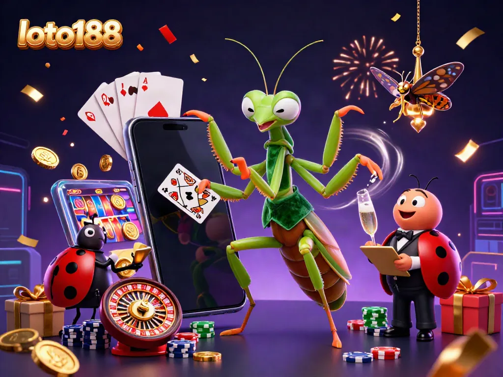 Engage with the loto188 experience through a vibrant 3D scene of a giant praying mantis and ladybug executing casino games.