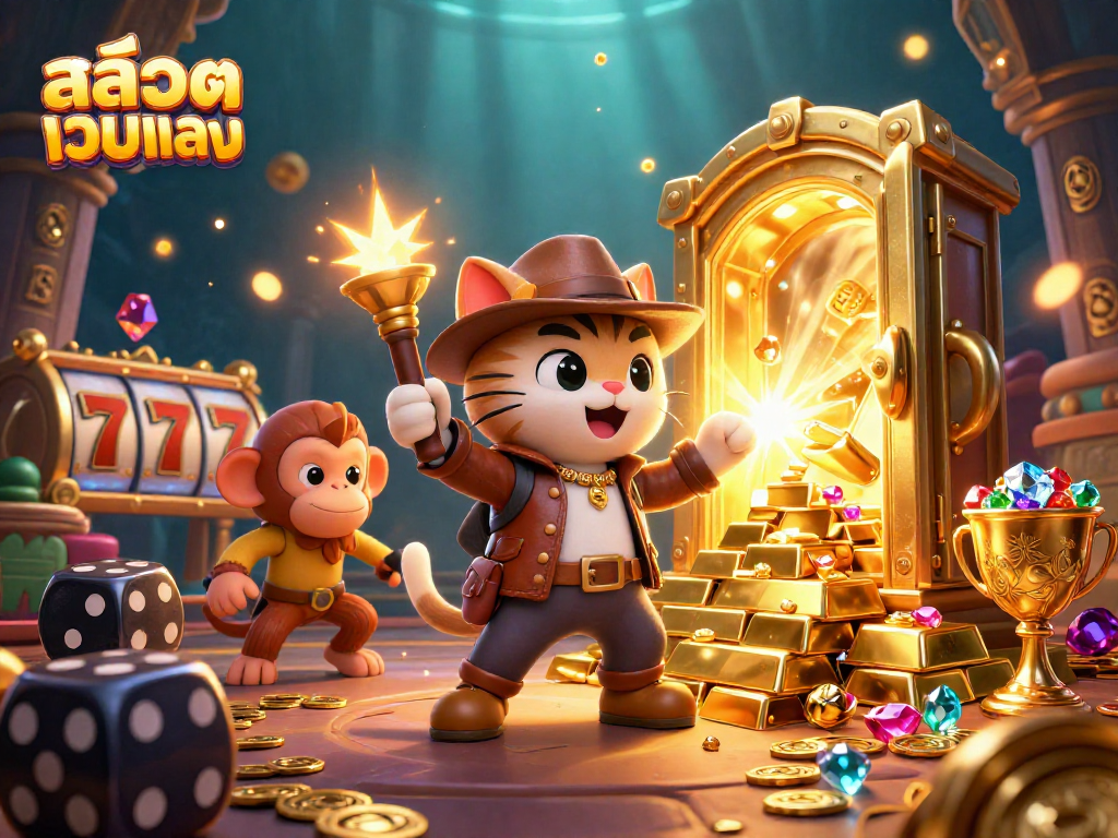 Experience the thrill of สล็อตเว็บตรง with vibrant slot reels and sparkling treasures in a dynamic illustration.