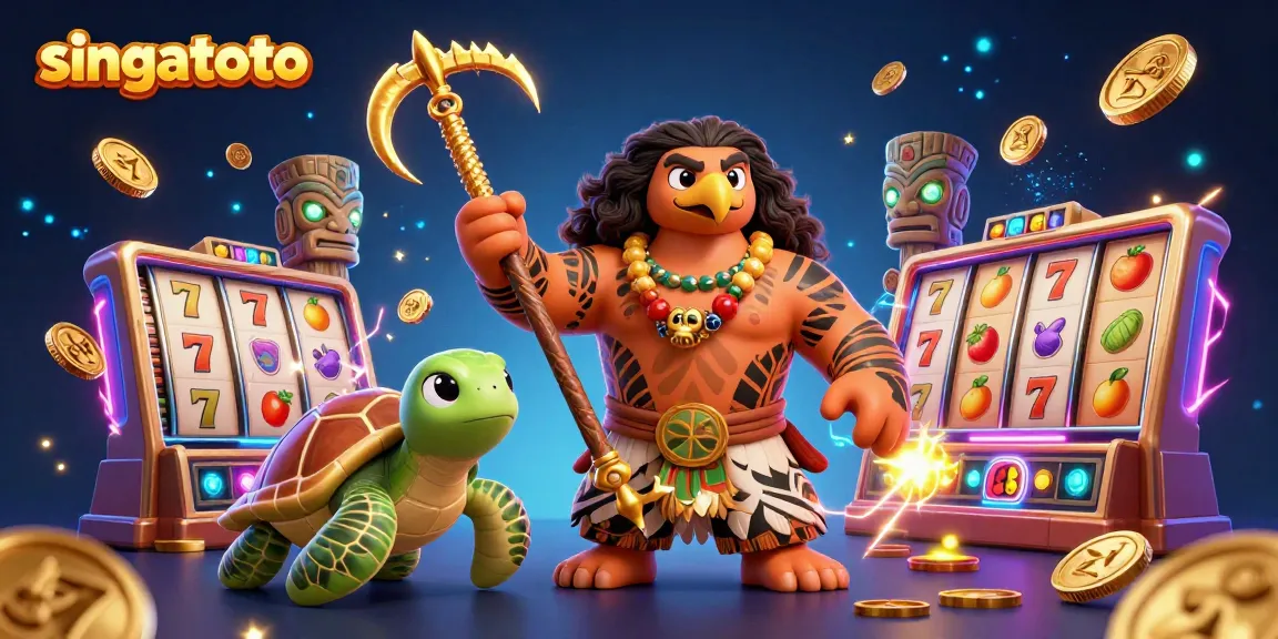 Engage with the singatoto experience showcasing a vibrant slot scene with a demigod and interactive elements.