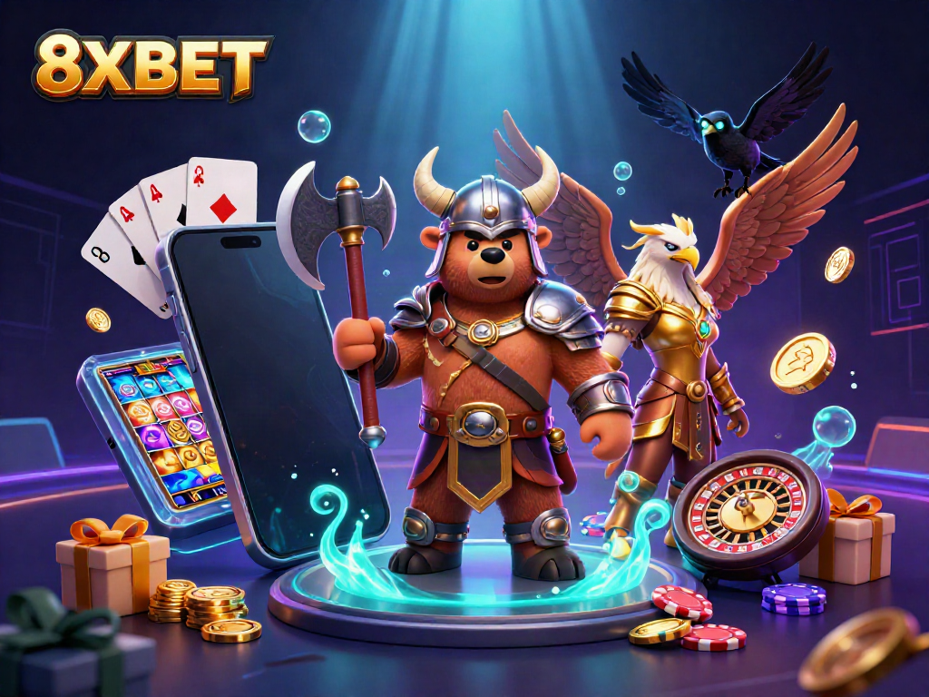 Engaging 8XBET scene with a Viking berserker bear and Valkyrie eagle, surrounded by dynamic casino game elements.