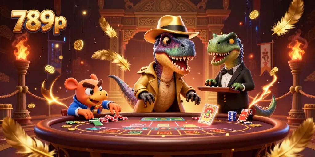 Experience high-stakes excitement at 789p with vivid cartoon characters engaging at a casino table.