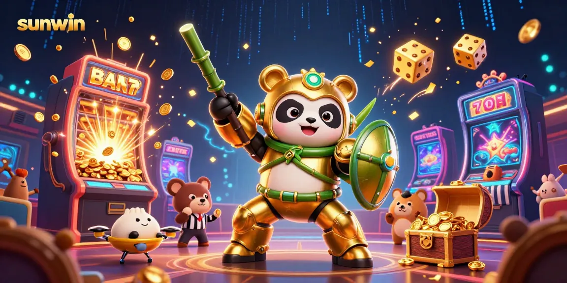 Experience thrilling gameplay at Sunwin in this dynamic casino scene featuring a golden panda and exciting game elements.