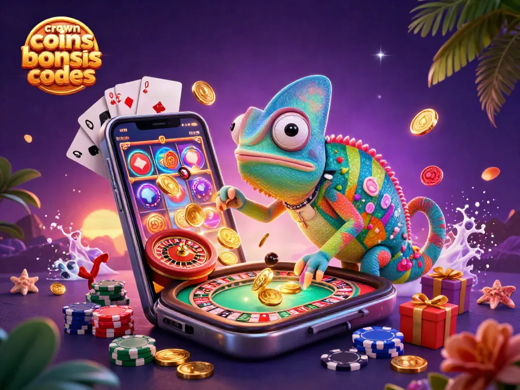 Win with crown coins bonus codes while vibrant gambling elements surround a chameleon casino owner.