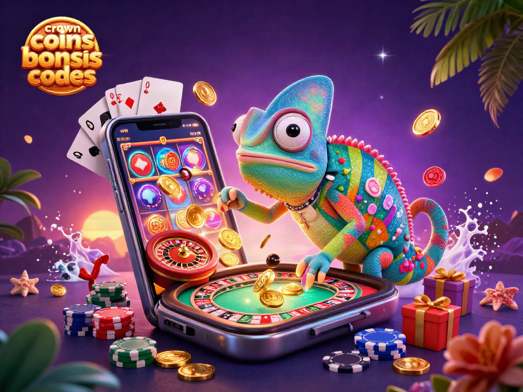 Win with crown coins bonus codes while vibrant gambling elements surround a chameleon casino owner.