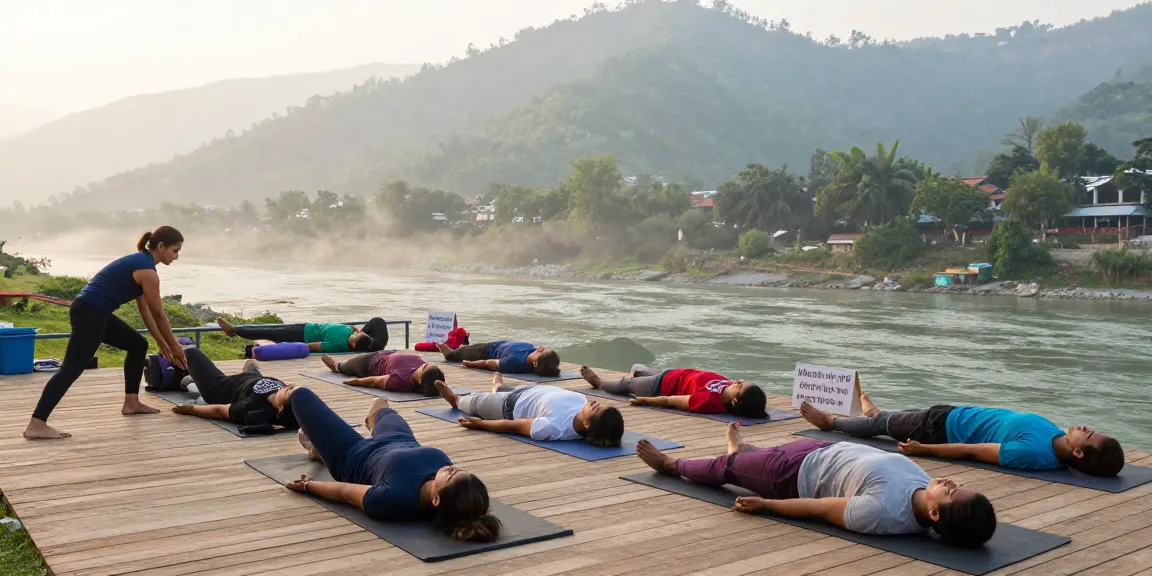Participants practicing Hatha yoga during the 200 hour yoga teacher training in rishikesh at dawn by the Ganga River.