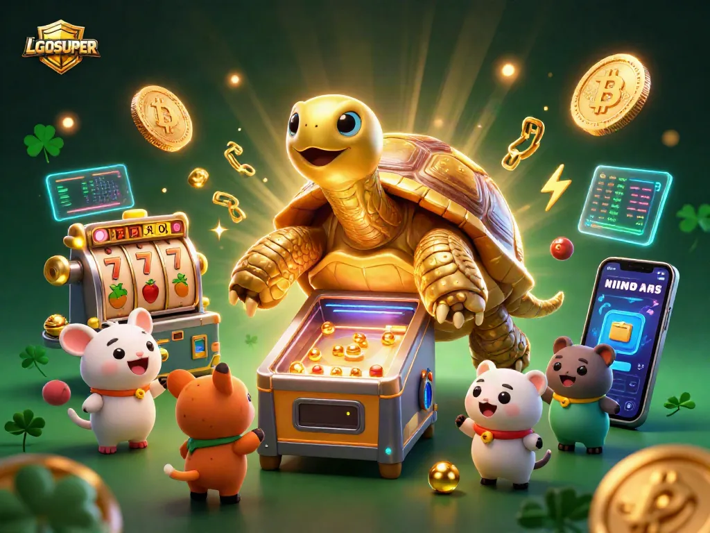 Engage with LGOSUPER in a vibrant 3D casino scene filled with exciting slot games and colorful crypto elements.