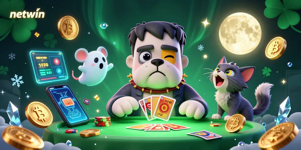 Join the netwin casino fun as a Frankenstein bulldog dealer engages players at a lively gaming table.